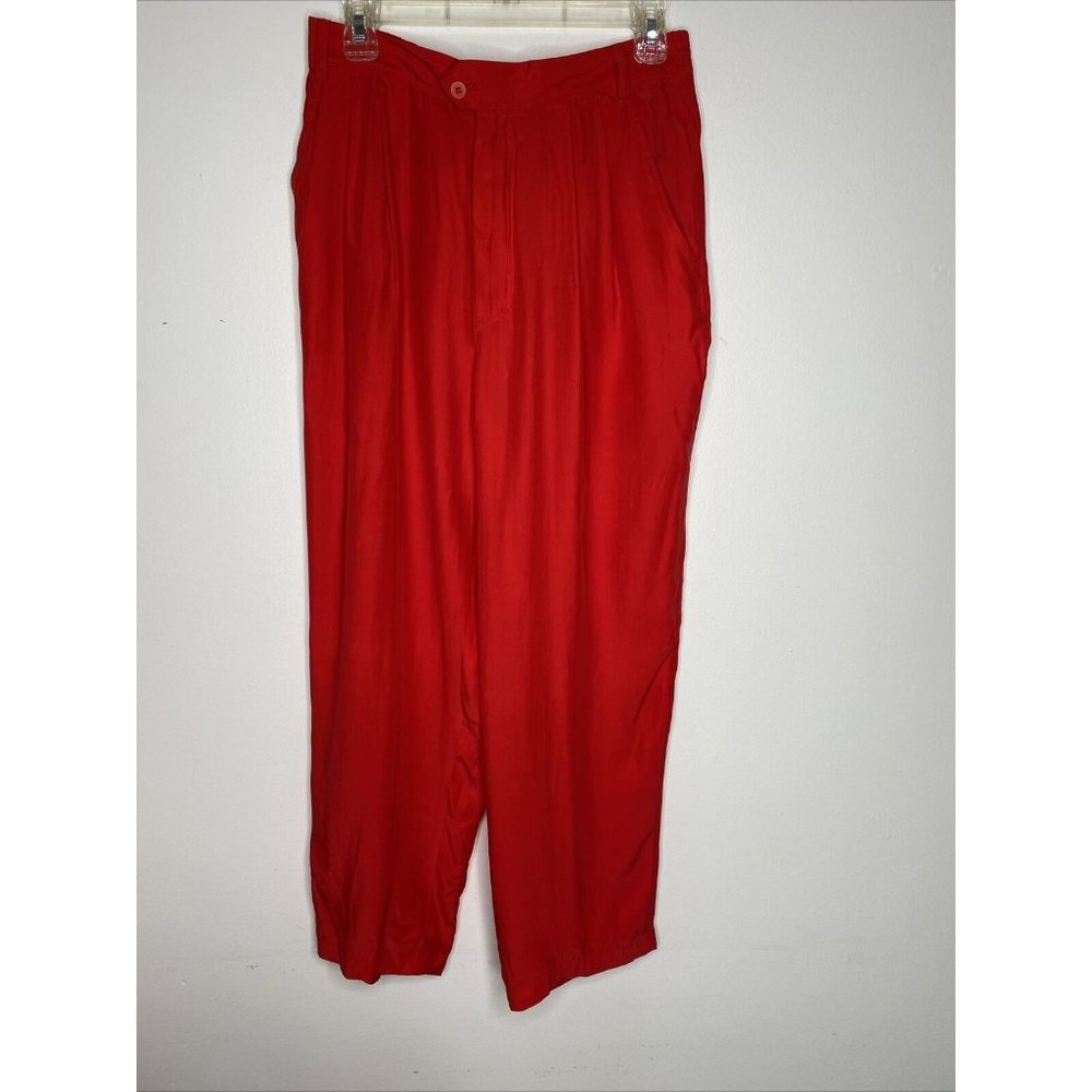 Vintage First Issue Red Silk Pants Sz 12, High Waisted Wide Leg Pleated Pockets